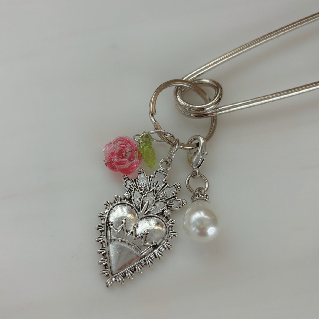Charmed Safety Pin Hair Clip | Sacred Heart + Rose | 5" Silver | Handmade