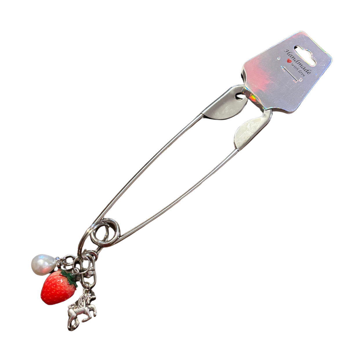 Charmed Safety Pin Hair Clip | Strawberry Pearl | 5" Silver | Handmade