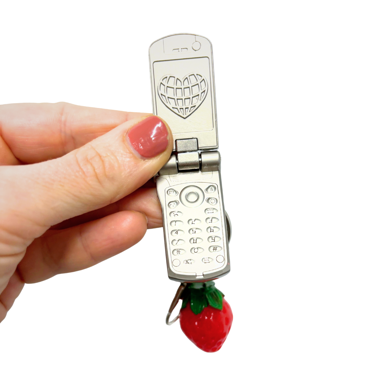 Charmed Strawberry Y2K Flip Phone Fidget Keychain | Spinning Silver Flip Phone Charm-GetBullish-The Bullish Store