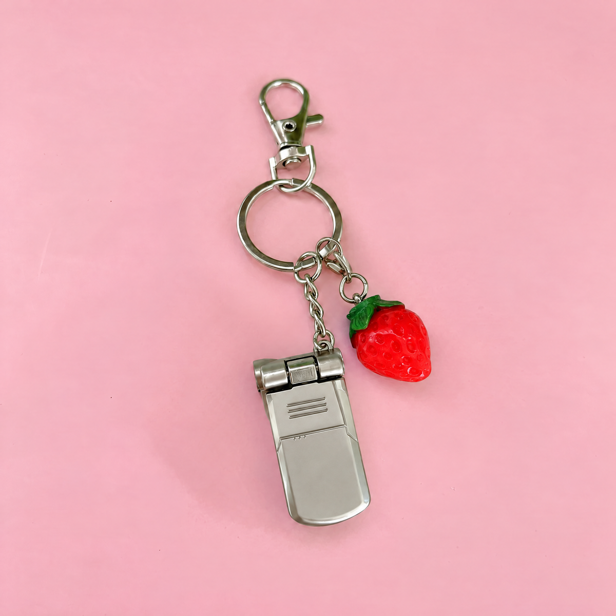 Charmed Strawberry Y2K Flip Phone Fidget Keychain | Spinning Silver Flip Phone Charm-GetBullish-The Bullish Store
