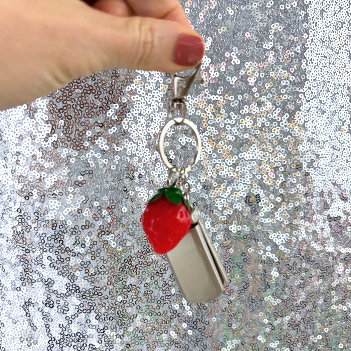 Charmed Strawberry Y2K Flip Phone Fidget Keychain | Spinning Silver Flip Phone Charm-GetBullish-The Bullish Store