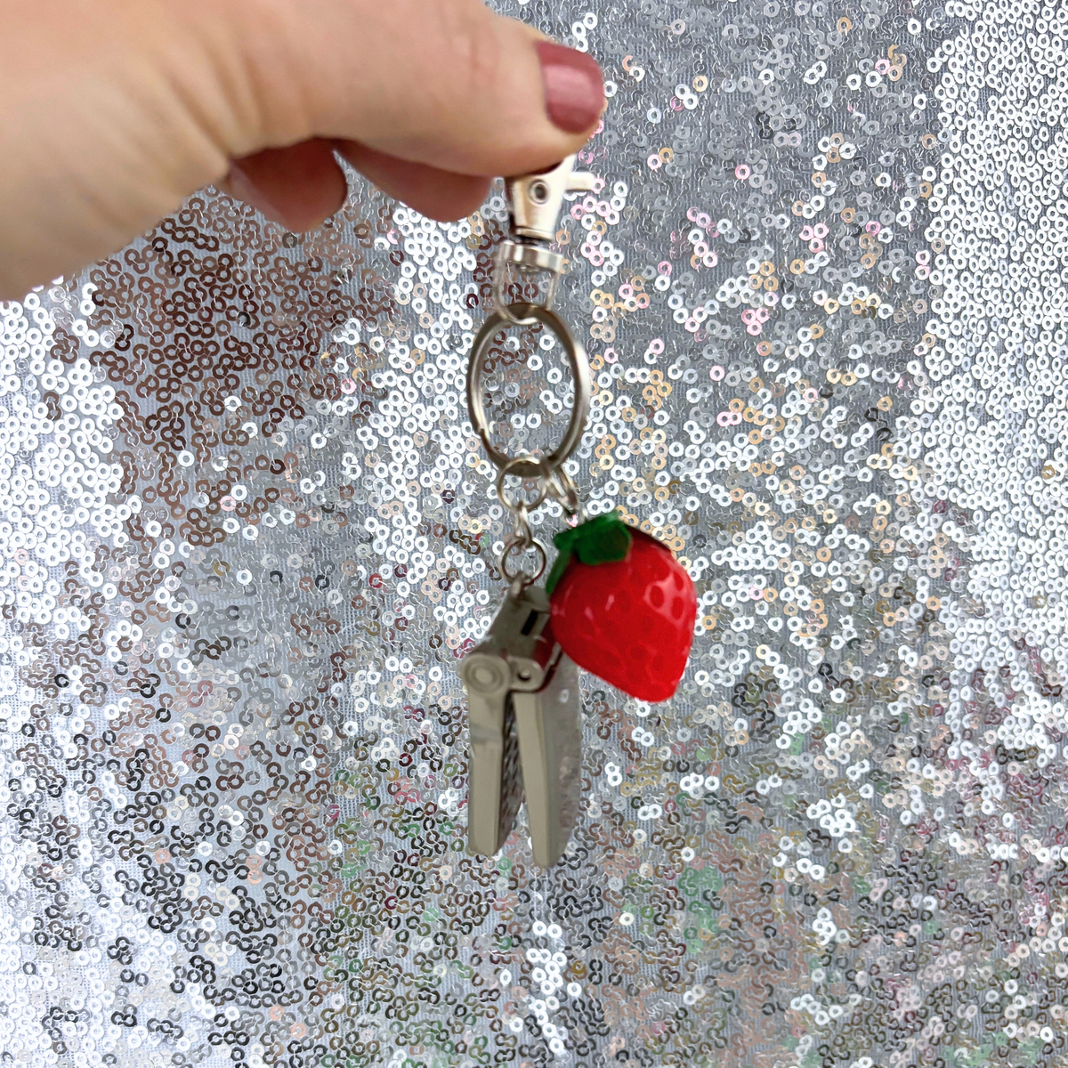 Charmed Strawberry Y2K Flip Phone Fidget Keychain | Spinning Silver Flip Phone Charm-GetBullish-The Bullish Store