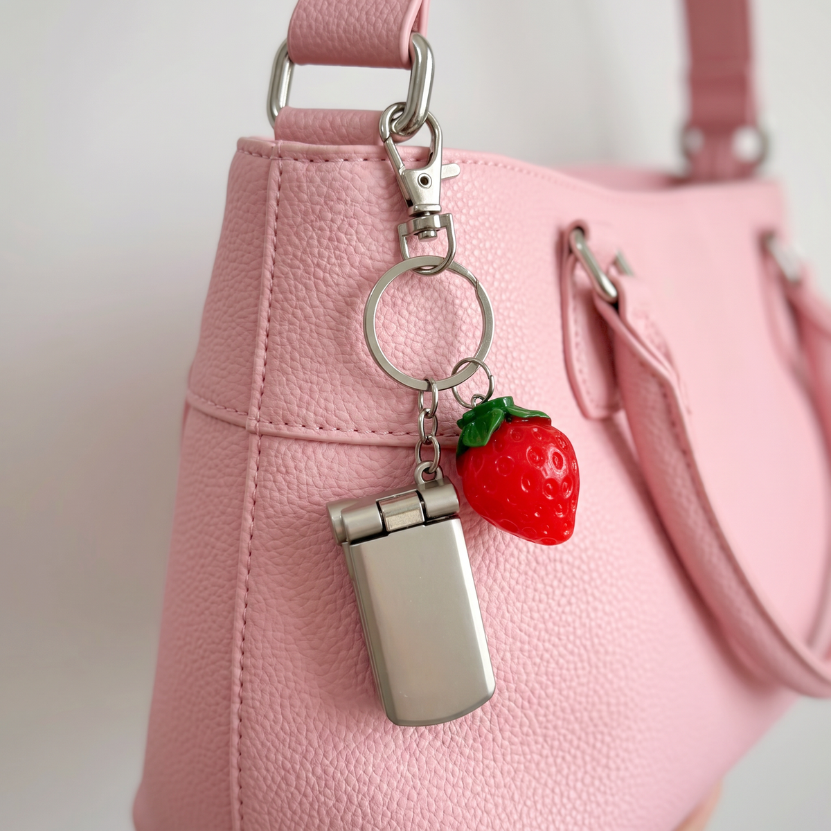 Charmed Strawberry Y2K Flip Phone Fidget Keychain | Spinning Silver Flip Phone Charm-GetBullish-The Bullish Store