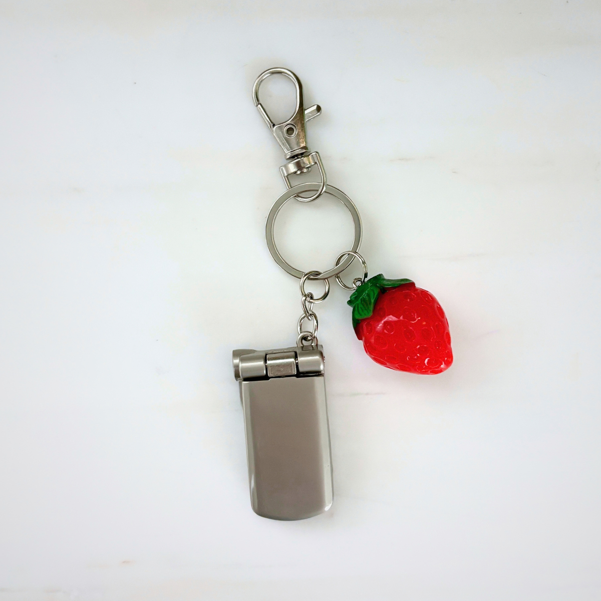 Charmed Strawberry Y2K Flip Phone Fidget Keychain | Spinning Silver Flip Phone Charm-GetBullish-The Bullish Store