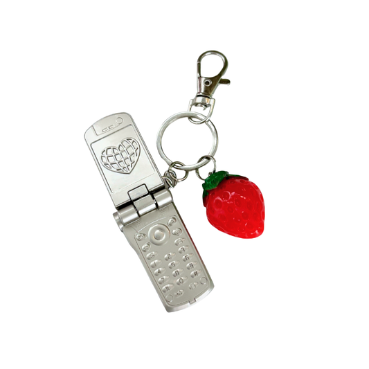 Charmed Strawberry Y2K Flip Phone Fidget Keychain | Spinning Silver Flip Phone Charm-GetBullish-The Bullish Store