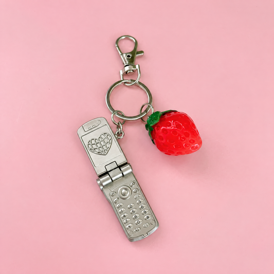 Charmed Strawberry Y2K Flip Phone Fidget Keychain | Spinning Silver Flip Phone Charm-GetBullish-The Bullish Store