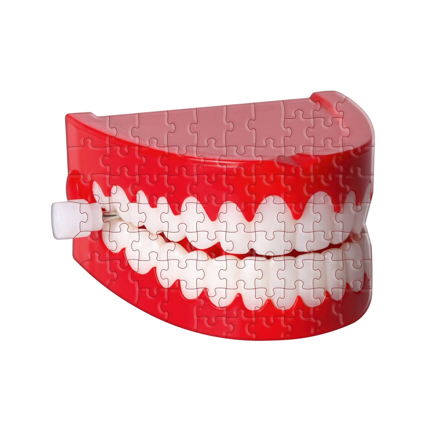 Jigsaw puzzle shaped like a mouth with red and white teeth on a white background