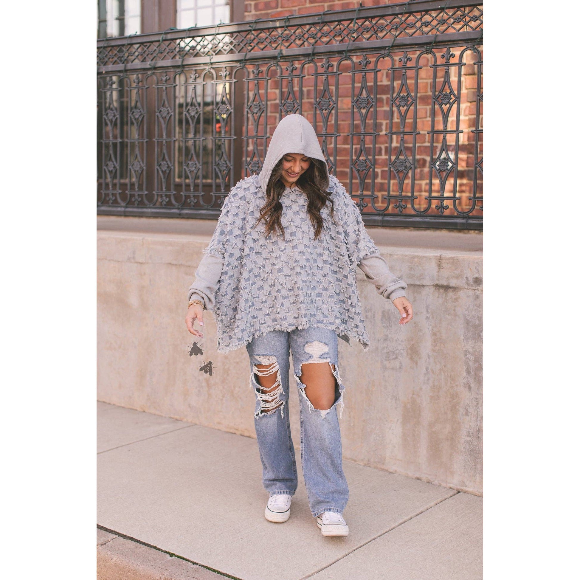 Check One Two Poncho | Checkered Denim Grey Sweatshirt [Sizes S/M-L/XL]