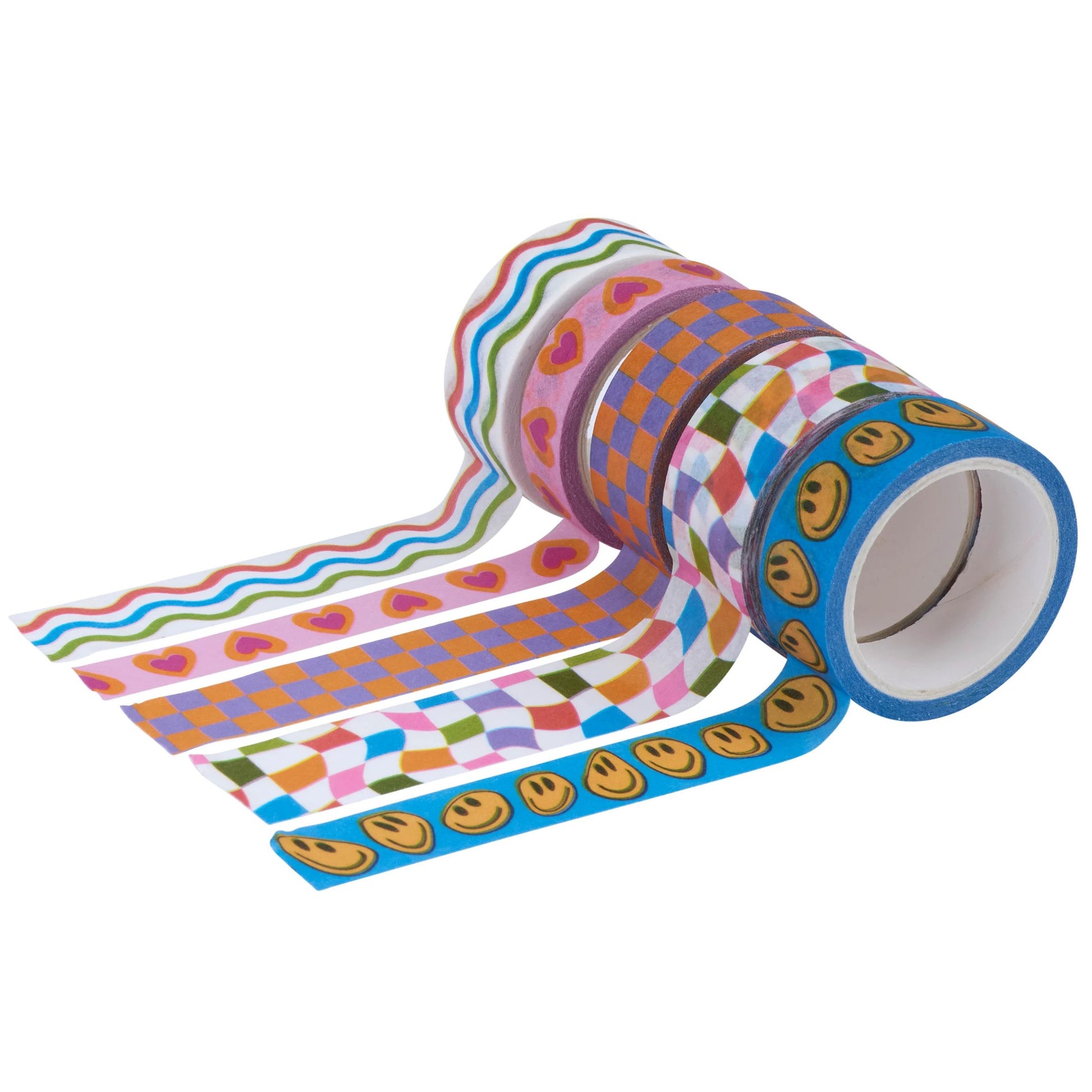 Colorful patterned tape rolls on a white background