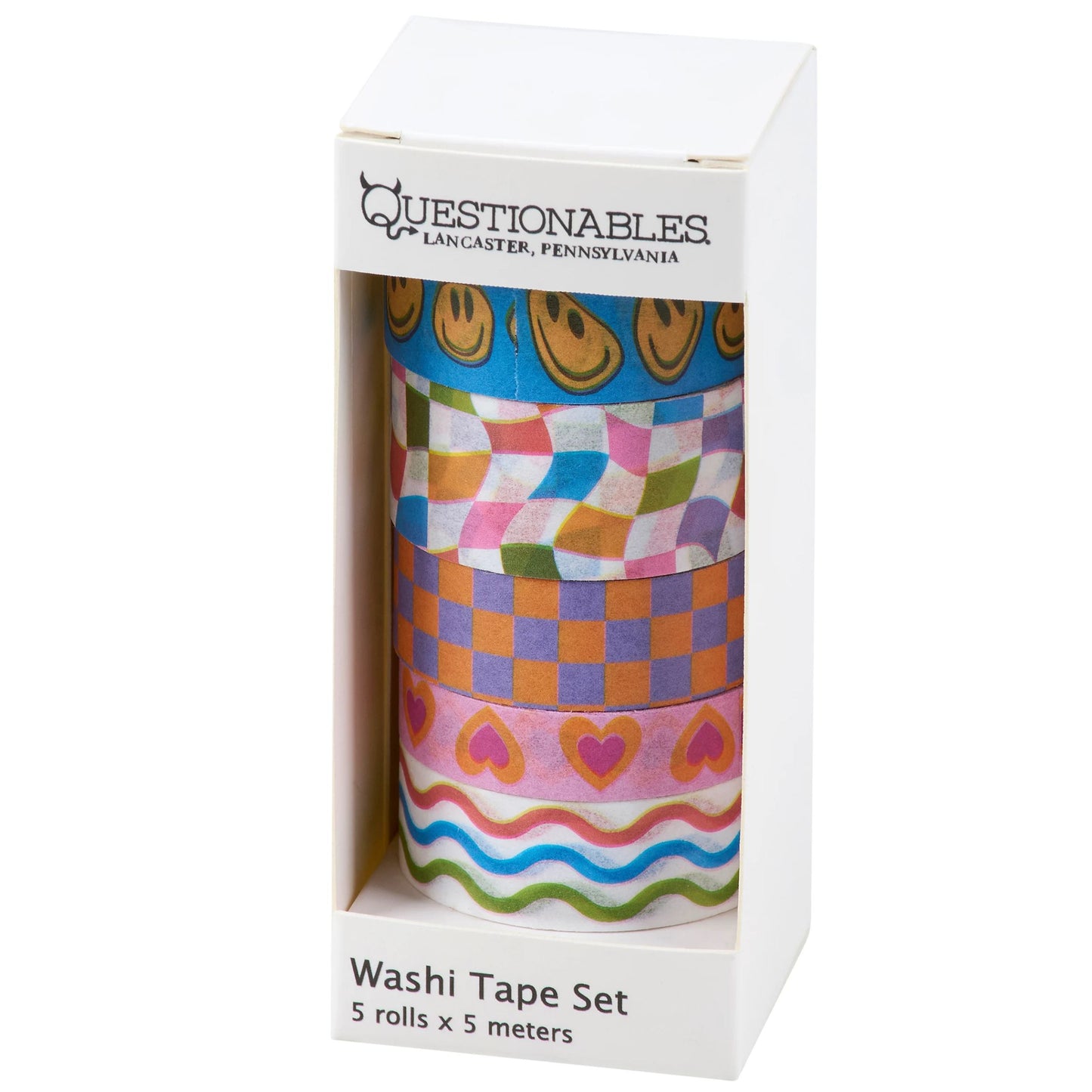 Set of colorful washi tape rolls in a box with 'Questionables' branding.