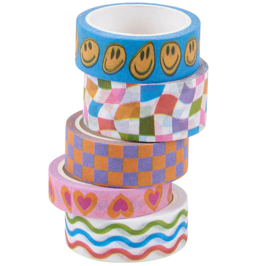 Stack of colorful tape rolls with different patterns on a white background
