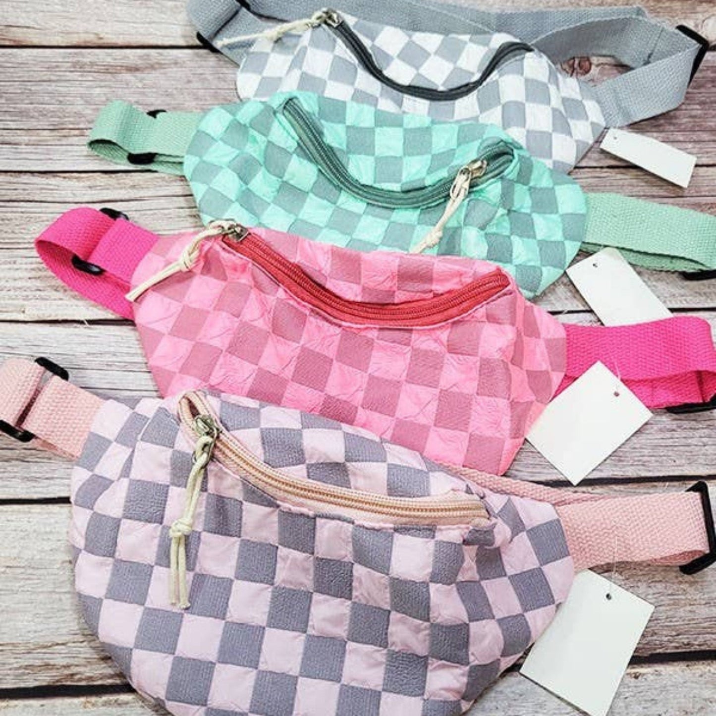 Checkered Belt Bag Fanny Pack Y2K Gen Z Aesthetic win 4 Colors [Violet, Pink, Green, Gray] 9.5" x 6"