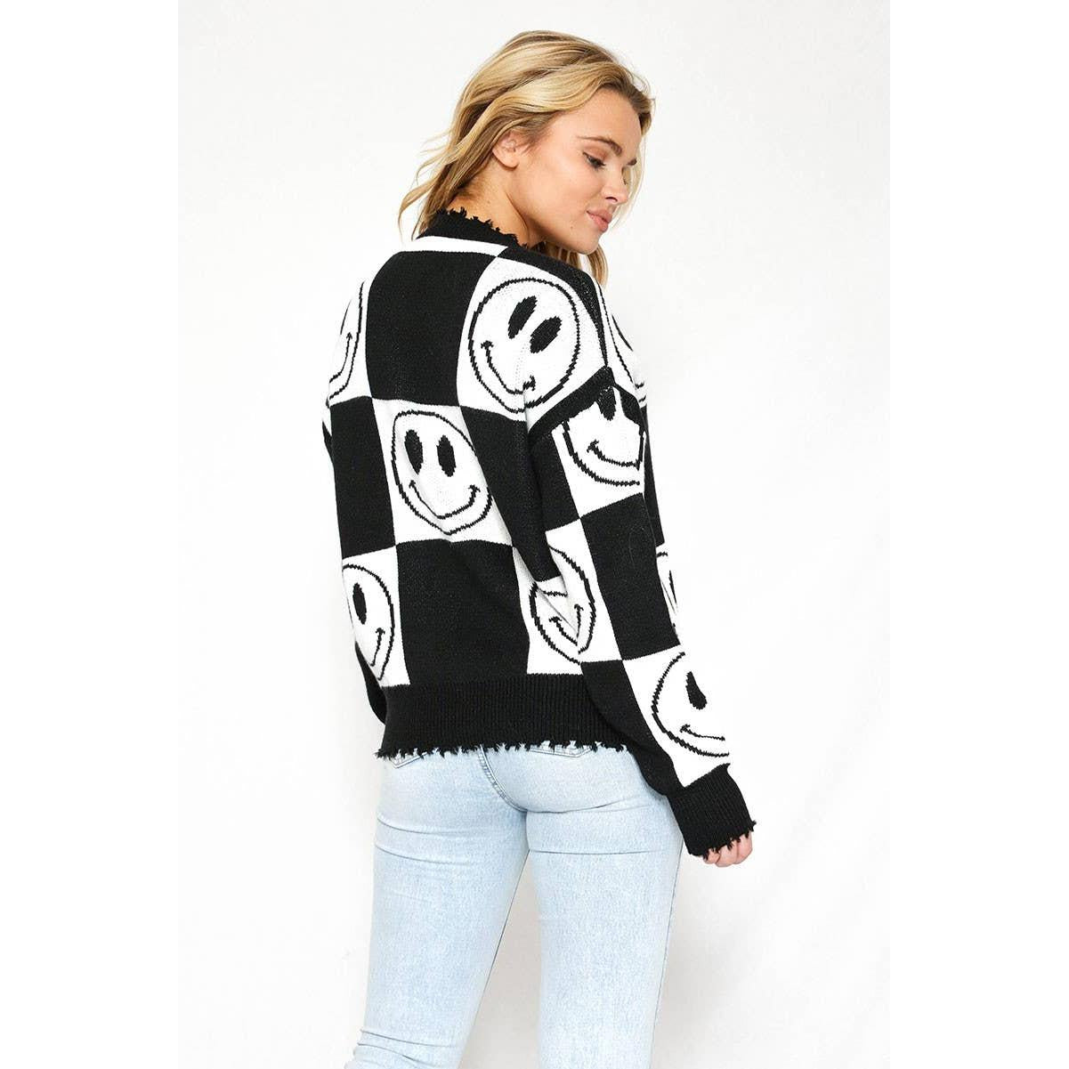 Checkered Smiley Sweater with Distressed Hem & Cuffs | Checkerboard Smiley Intarsia Knit [SM-XL]