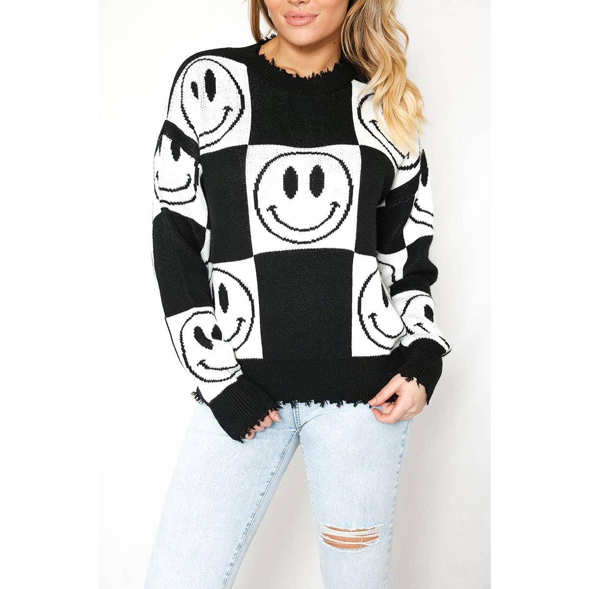 Checkered Smiley Sweater with Distressed Hem & Cuffs | Checkerboard Smiley Intarsia Knit [SM-XL]