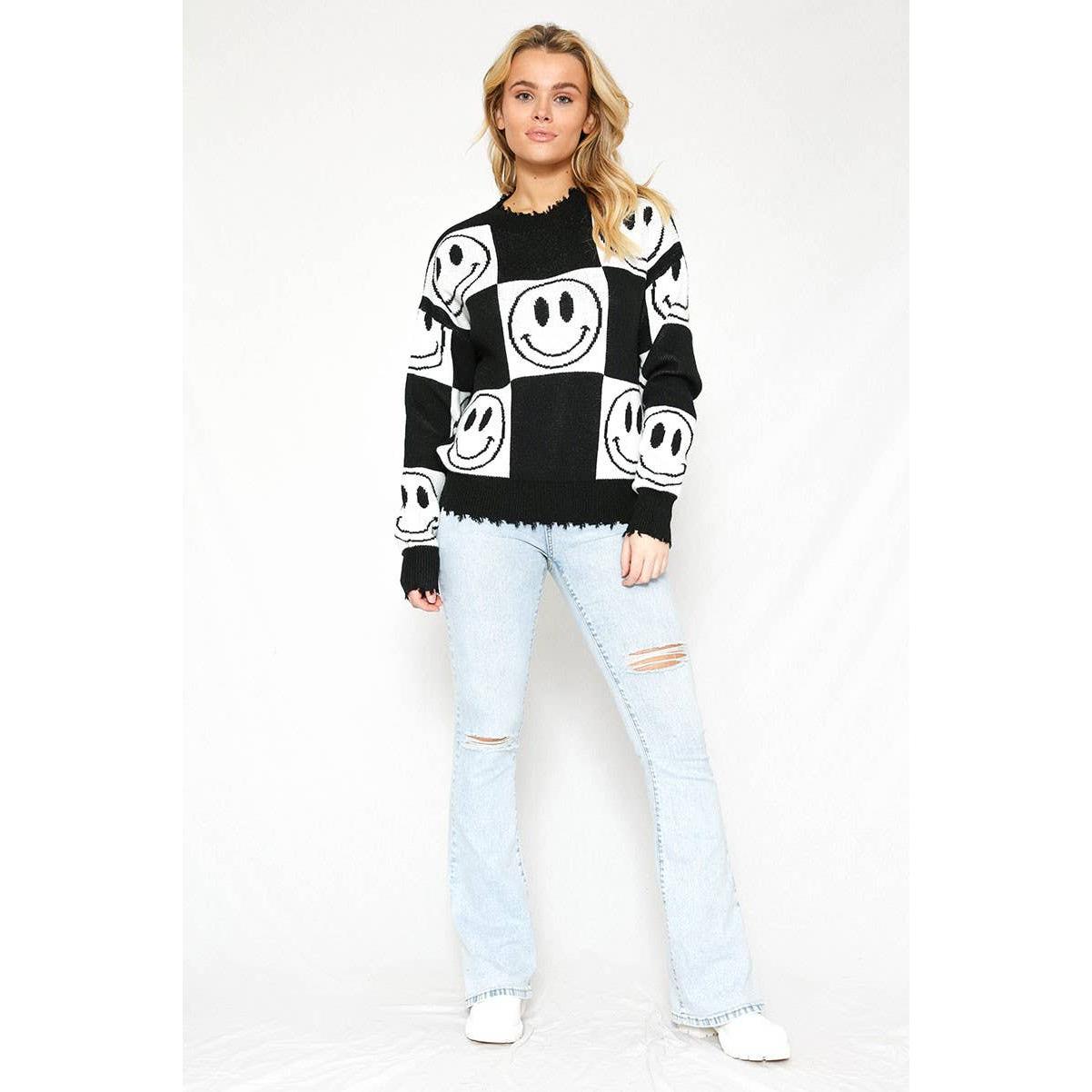 Checkered Smiley Sweater with Distressed Hem & Cuffs | Checkerboard Smiley Intarsia Knit [SM-XL]