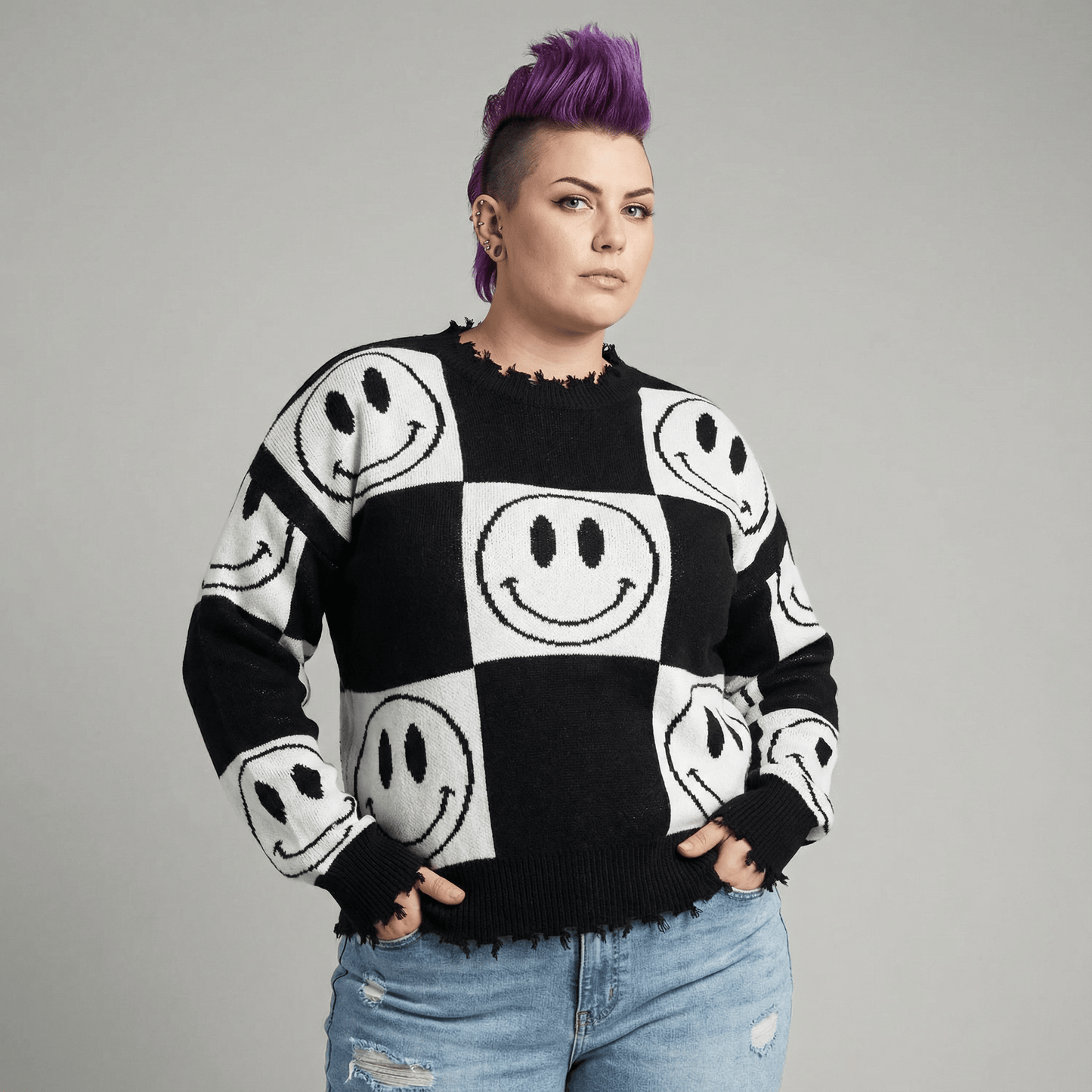 Checkered Smiley Sweater with Distressed Hem & Cuffs | Checkerboard Smiley Intarsia Knit [SM-XL]