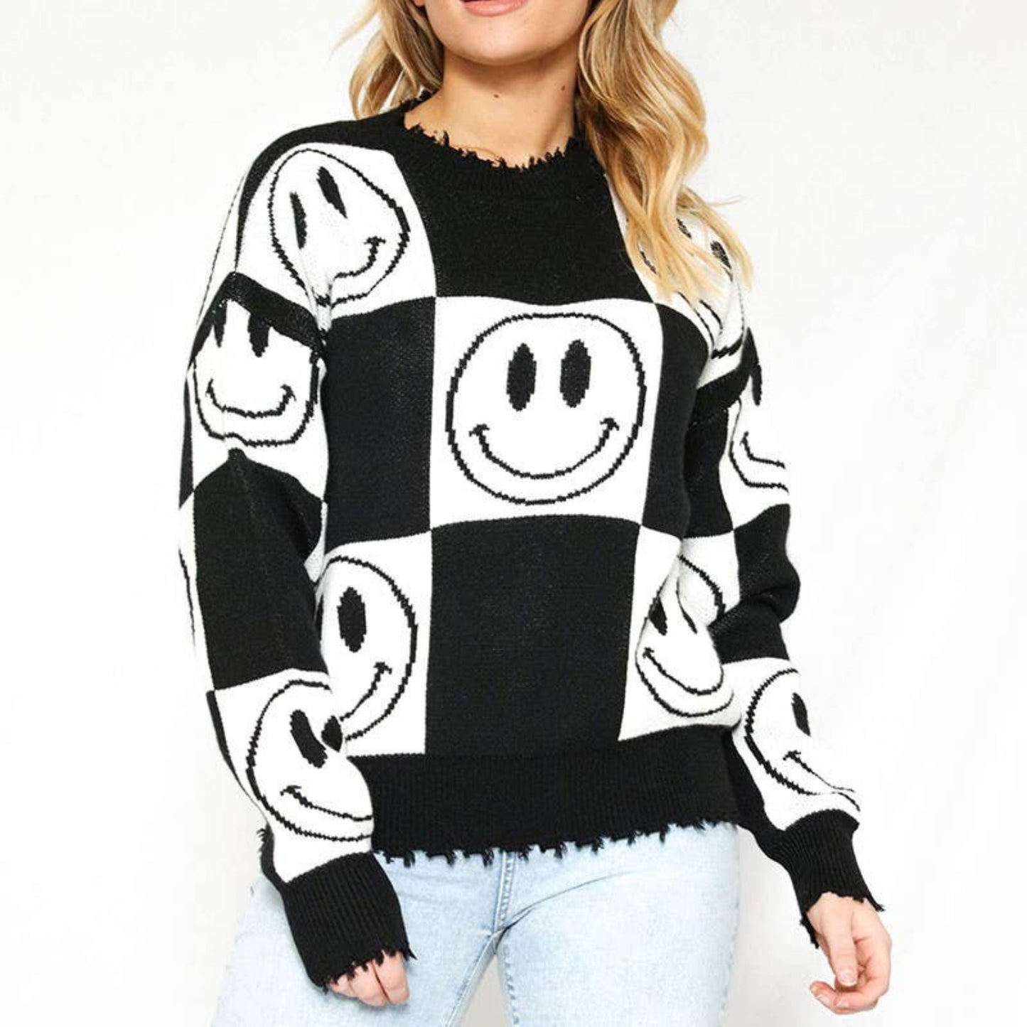 Checkered Smiley Sweater with Distressed Hem & Cuffs [Size SM Remaining]