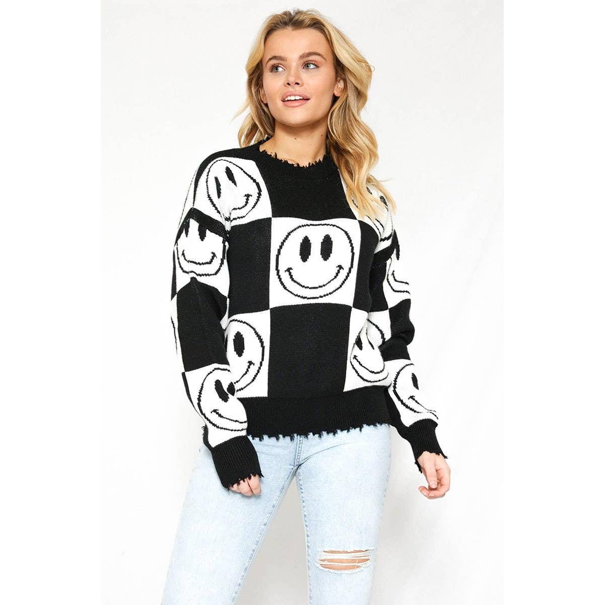 Checkered Smiley Sweater with Distressed Hem & Cuffs [Size SM Remaining]