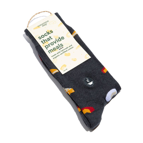 Cheese Motif Men's Socks that Provide Meals in Gray | Fair Trade | Fits Men's Sizes 8.5-13