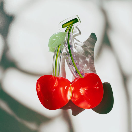 Cherries on Stem Mini Hair Claw | Claw Clip in Velvet Travel Bag