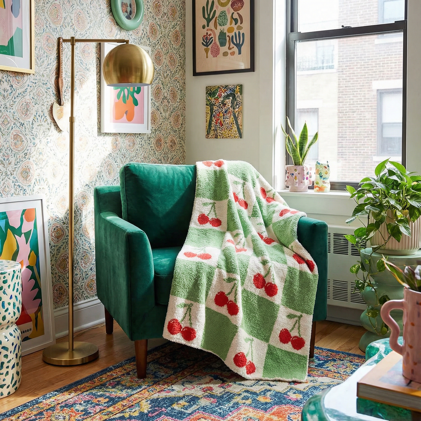 Cherry Check Knitted Blanket Throw | Retro Intarsia Checkered Knit Blanket 50" x 60"