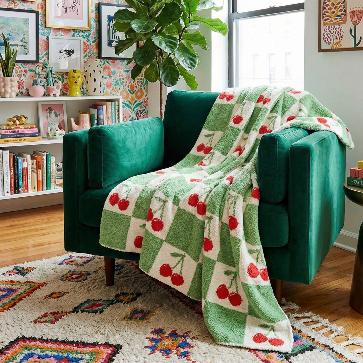 Cherry Check Knitted Blanket Throw | Retro Intarsia Checkered Knit Blanket 50" x 60"