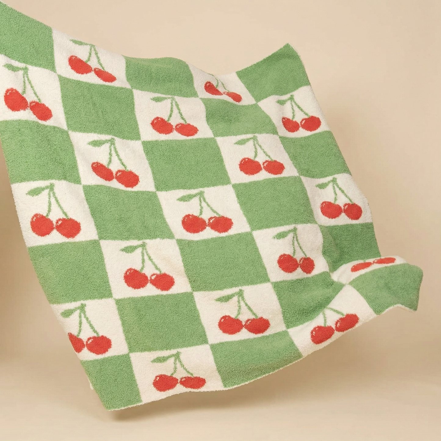 Cherry Check Knitted Blanket Throw | Retro Intarsia Checkered Knit Blanket 50" x 60"