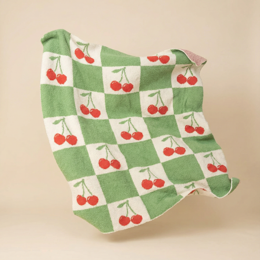 Cherry Check Knitted Blanket Throw | Retro Intarsia Checkered Knit Blanket 50" x 60"