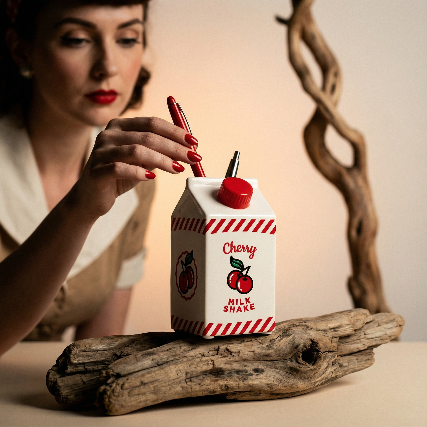 Cherry Milk Shake Ceramic Pen Pot | Retro Pen Holder