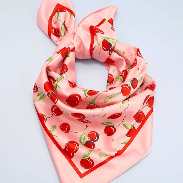 Cherry Print Silky Feel Bandana Scarf | 21.7" Square Bandana or Neck Scarf