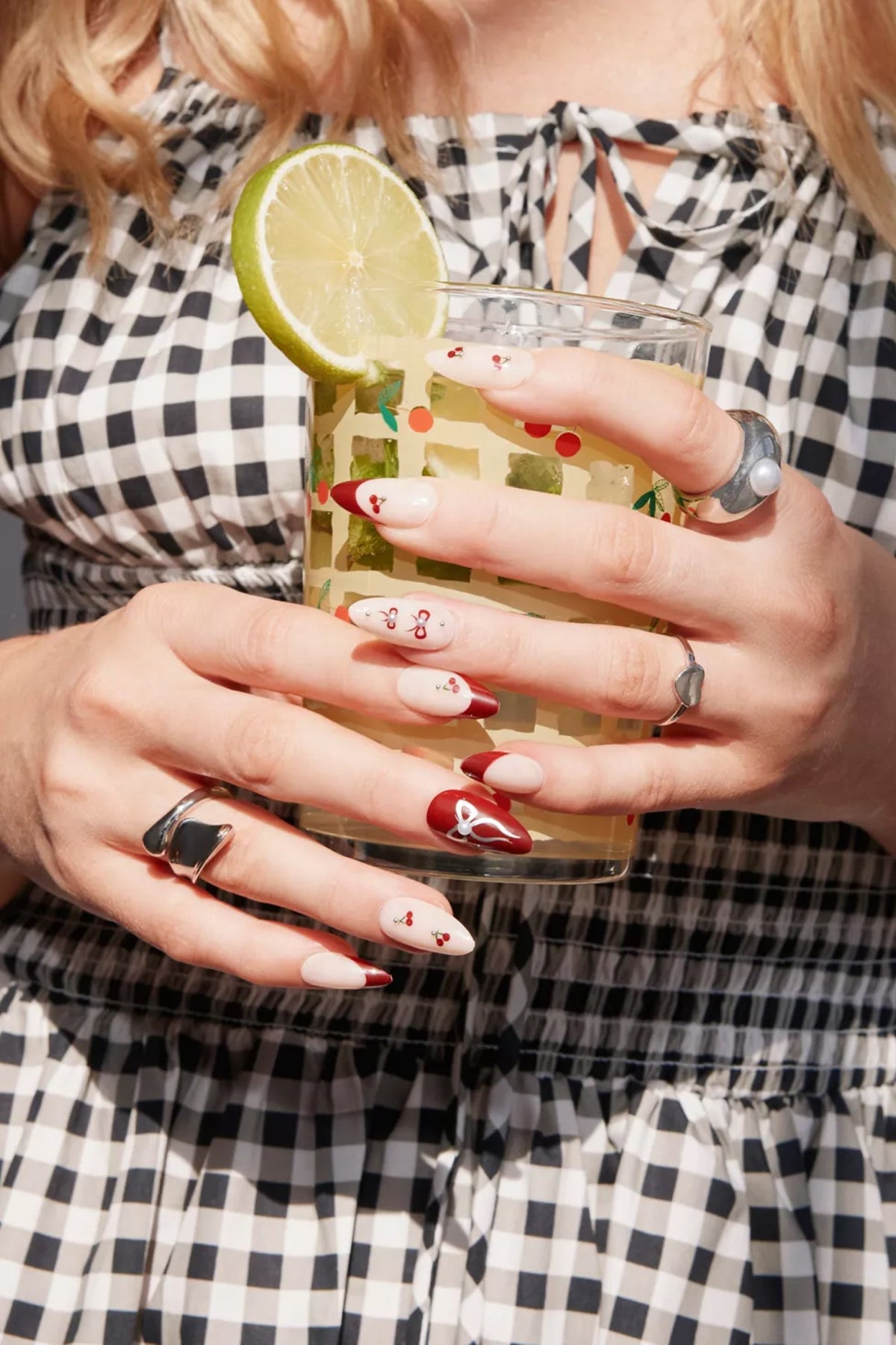 Cherry Cola Almond Press-On Nails | Red Cherry and Bow Motif