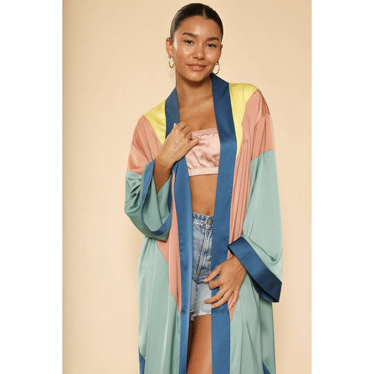 Miss Sparkling Chevron Kimono Big Long Textured Satin Duster | Light Jacket, Outdoor Robe, Swimsuit Coverup | Sizes SM-XL