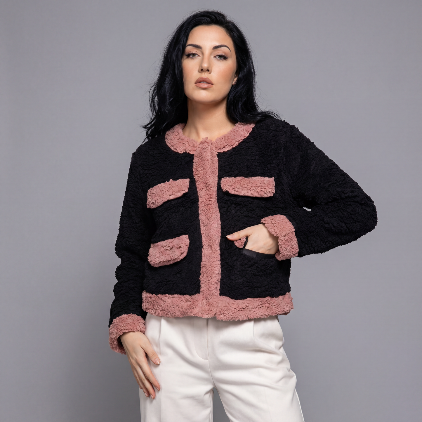 Chic Long Sleeve Faux Fur Jacket with Pocket Details | Soft, Stylish Winter Essential