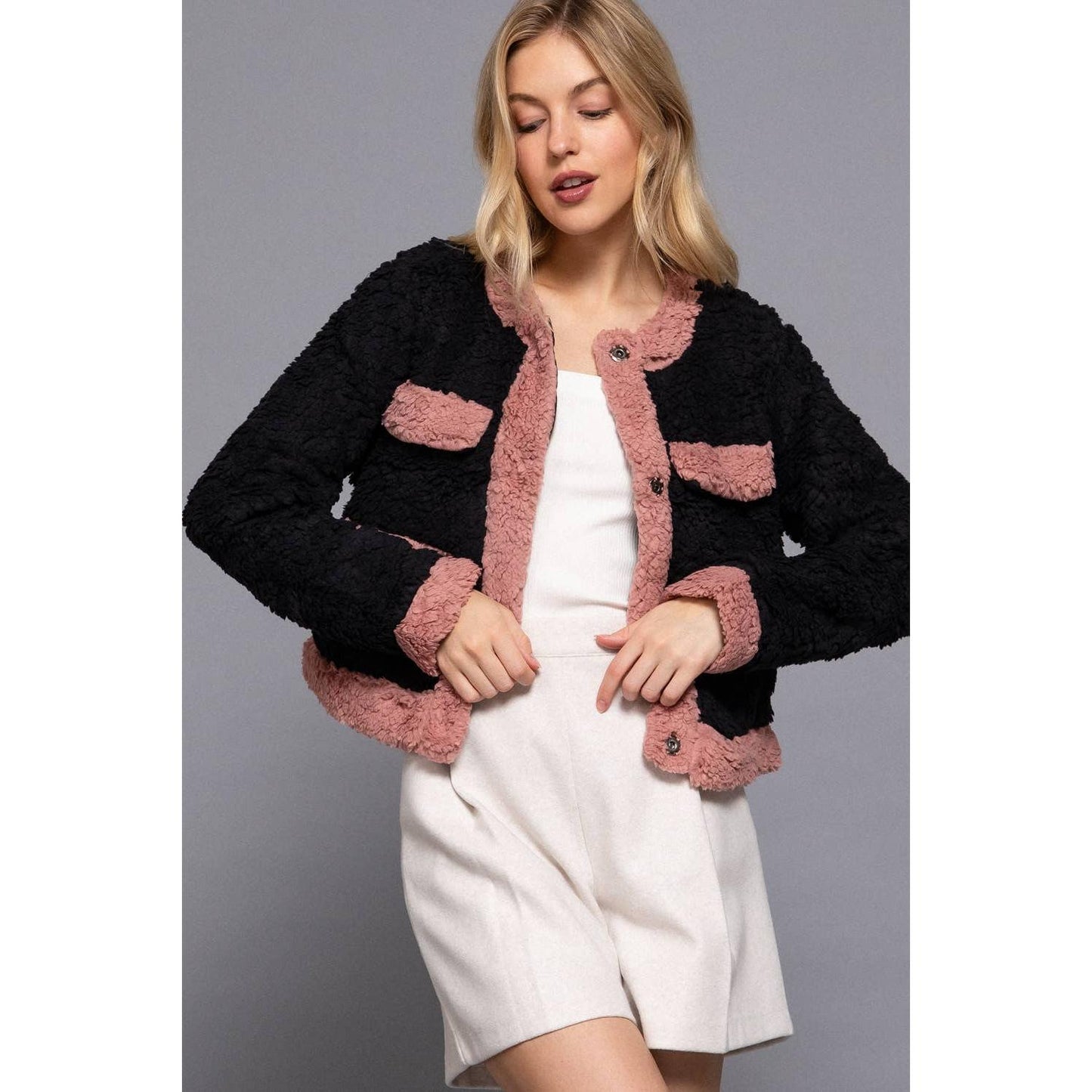 Chic Long Sleeve Faux Fur Jacket with Pocket Details | Soft, Stylish Winter Essential