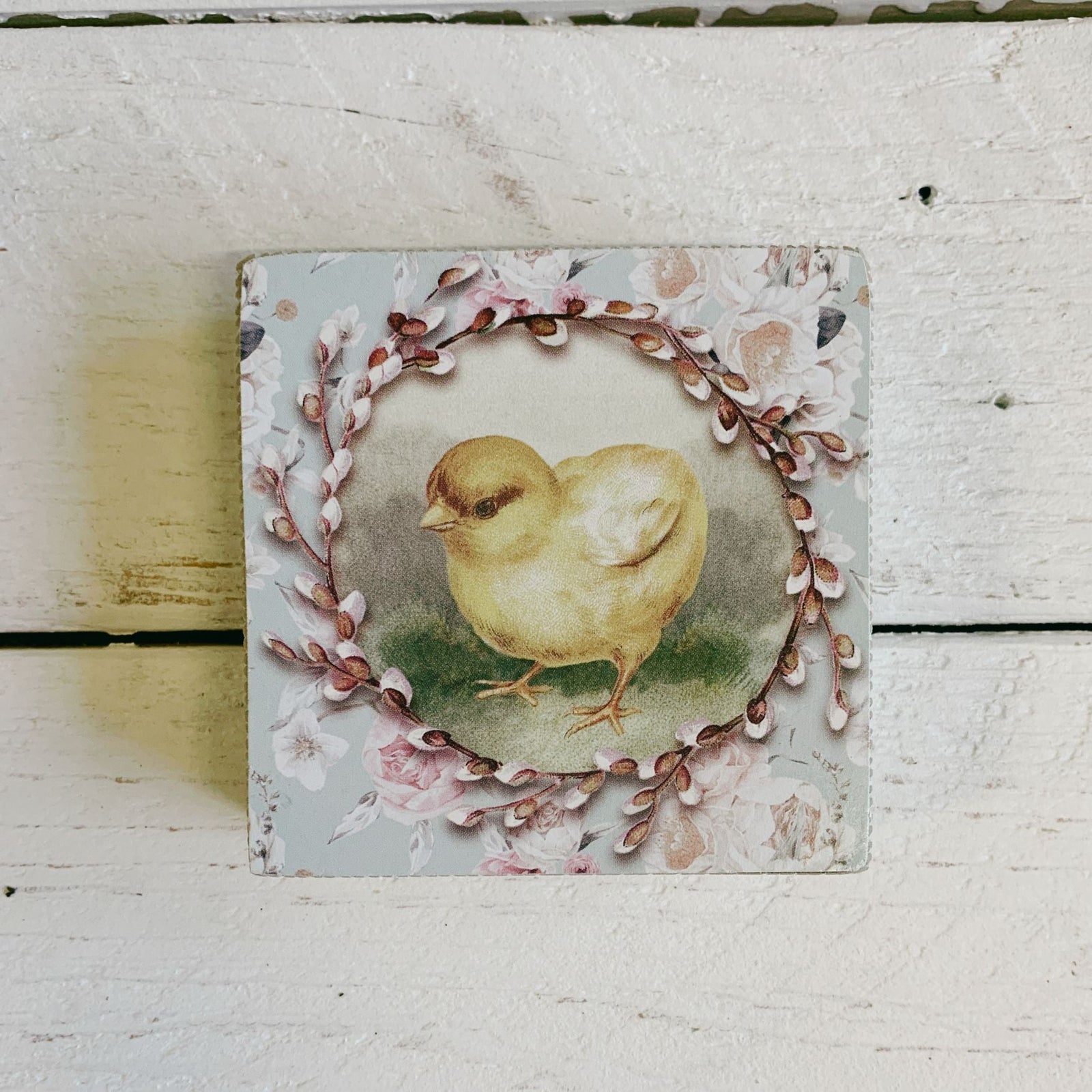 Chick Vintage Wooden Block Sign | Square Easter Spring Wall Desk Decor | 3" x 3"