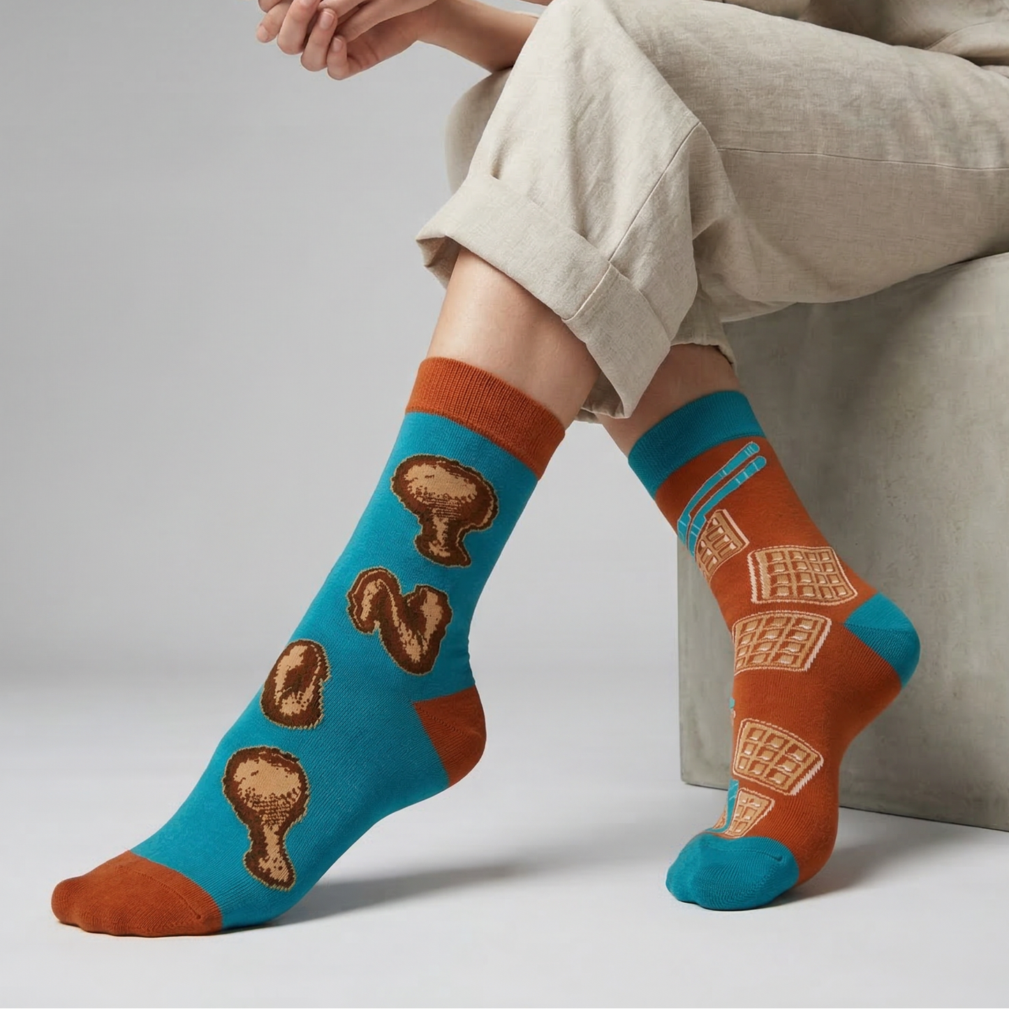 Chicken And Waffles Socks 🐔🧇 | Mismatched Unisex Cotton Socks
