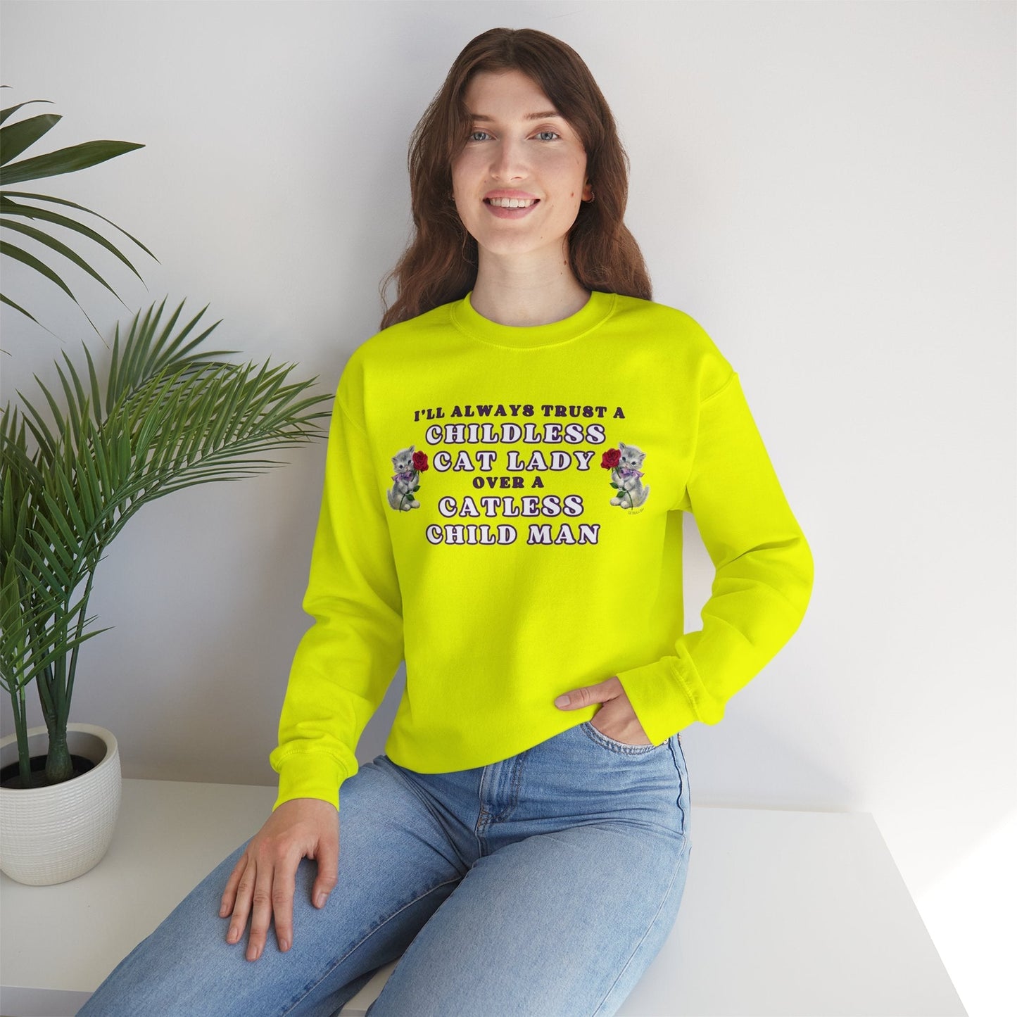 Childless Cat Lady Over Catless Child Man Unisex Heavy Blend™ Crewneck Sweatshirt | Kamala JD Vance Election Meme | Vote 2024