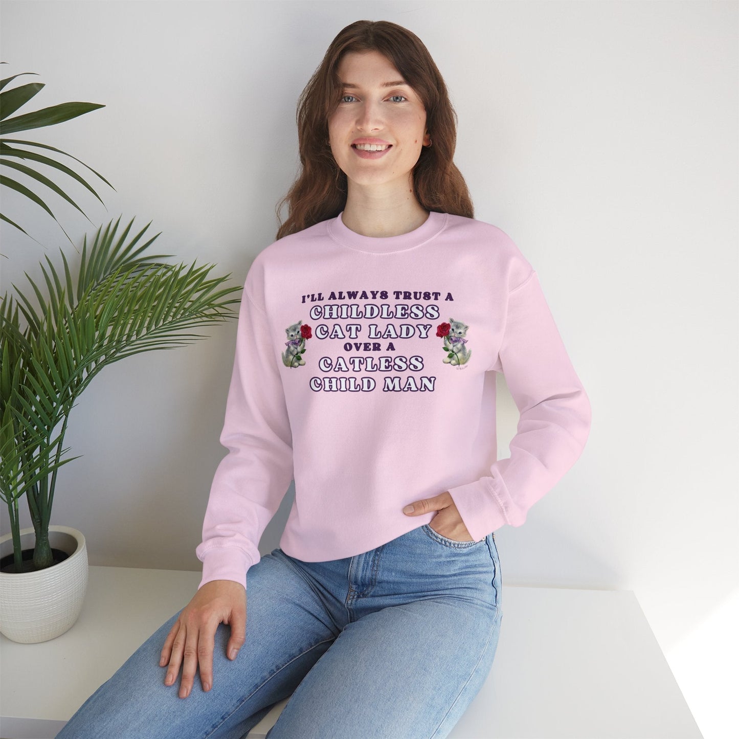 Childless Cat Lady Over Catless Child Man Unisex Heavy Blend™ Crewneck Sweatshirt | Kamala JD Vance Election Meme | Vote 2024