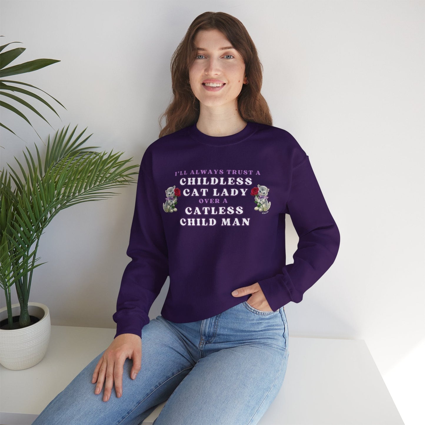 Childless Cat Lady Over Catless Child Man Unisex Heavy Blend™ Crewneck Sweatshirt | Kamala JD Vance Election Meme | Vote 2024