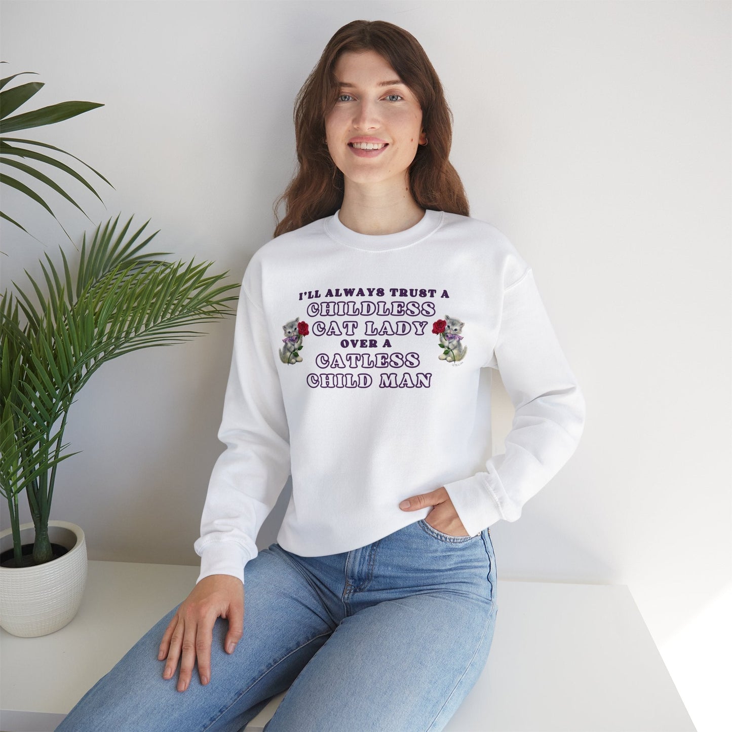 Childless Cat Lady Over Catless Child Man Unisex Heavy Blend™ Crewneck Sweatshirt | Kamala JD Vance Election Meme | Vote 2024