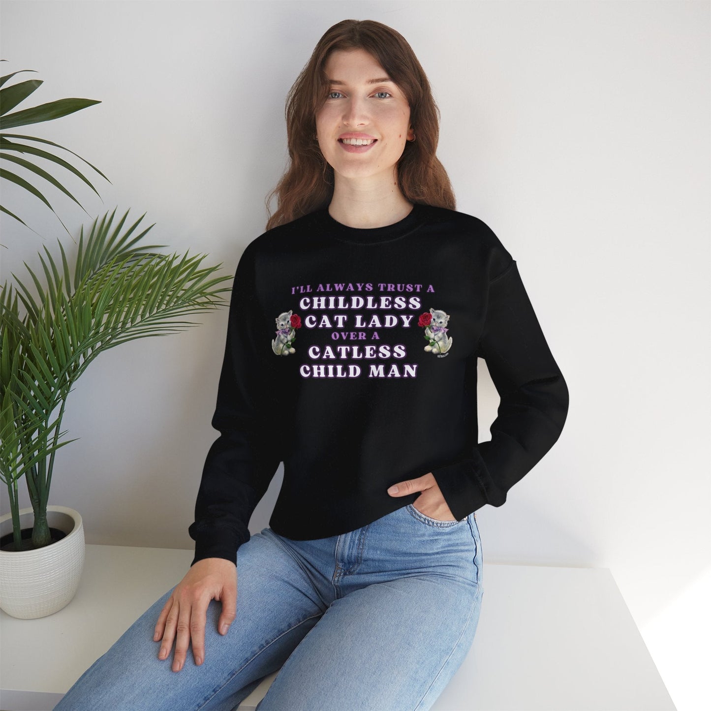 Childless Cat Lady Over Catless Child Man Unisex Heavy Blend™ Crewneck Sweatshirt | Kamala JD Vance Election Meme | Vote 2024