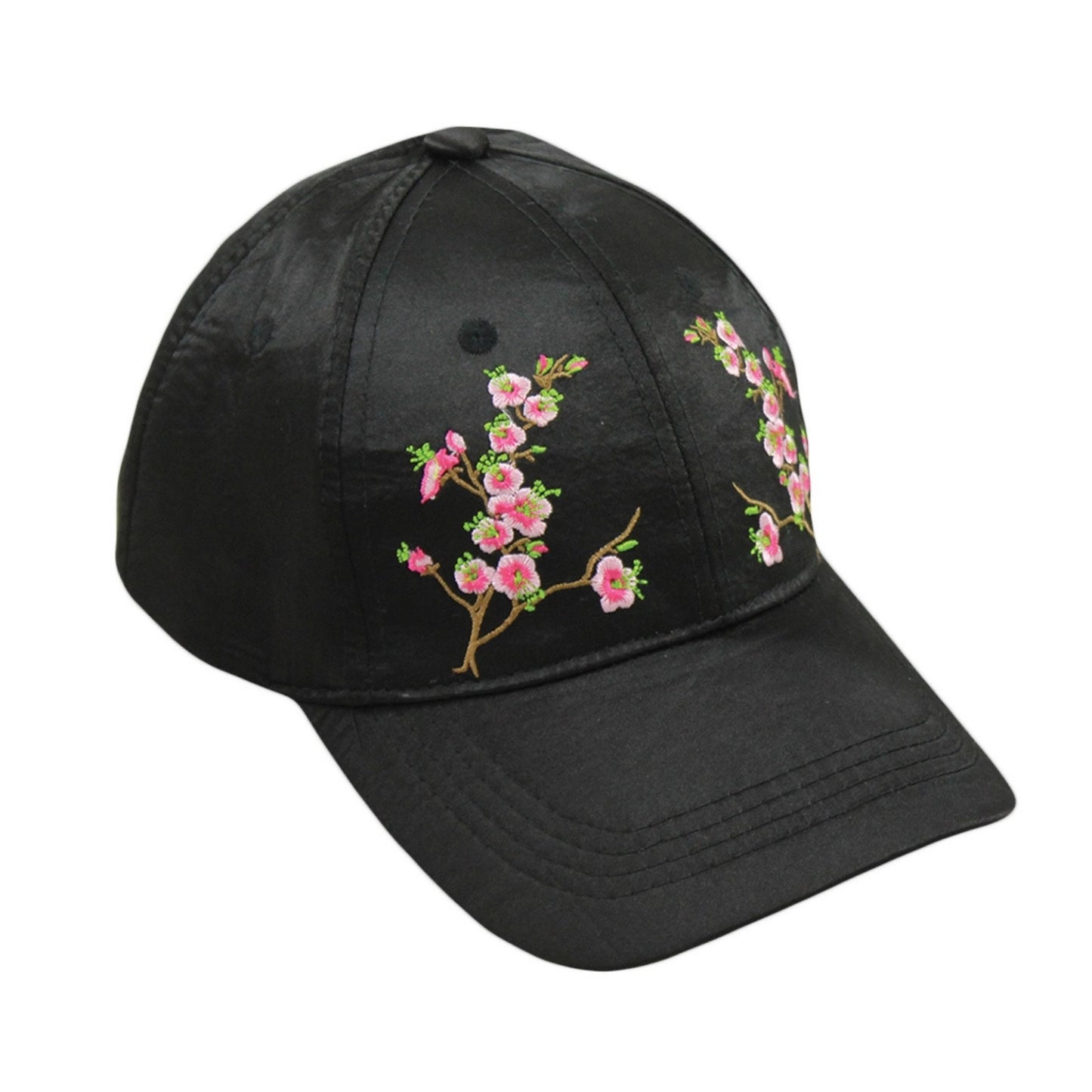 Chinese Blossom Embroidered Baseball Cap | Satin Polyester Adjustable Hat (Black, Grey, Red, White)