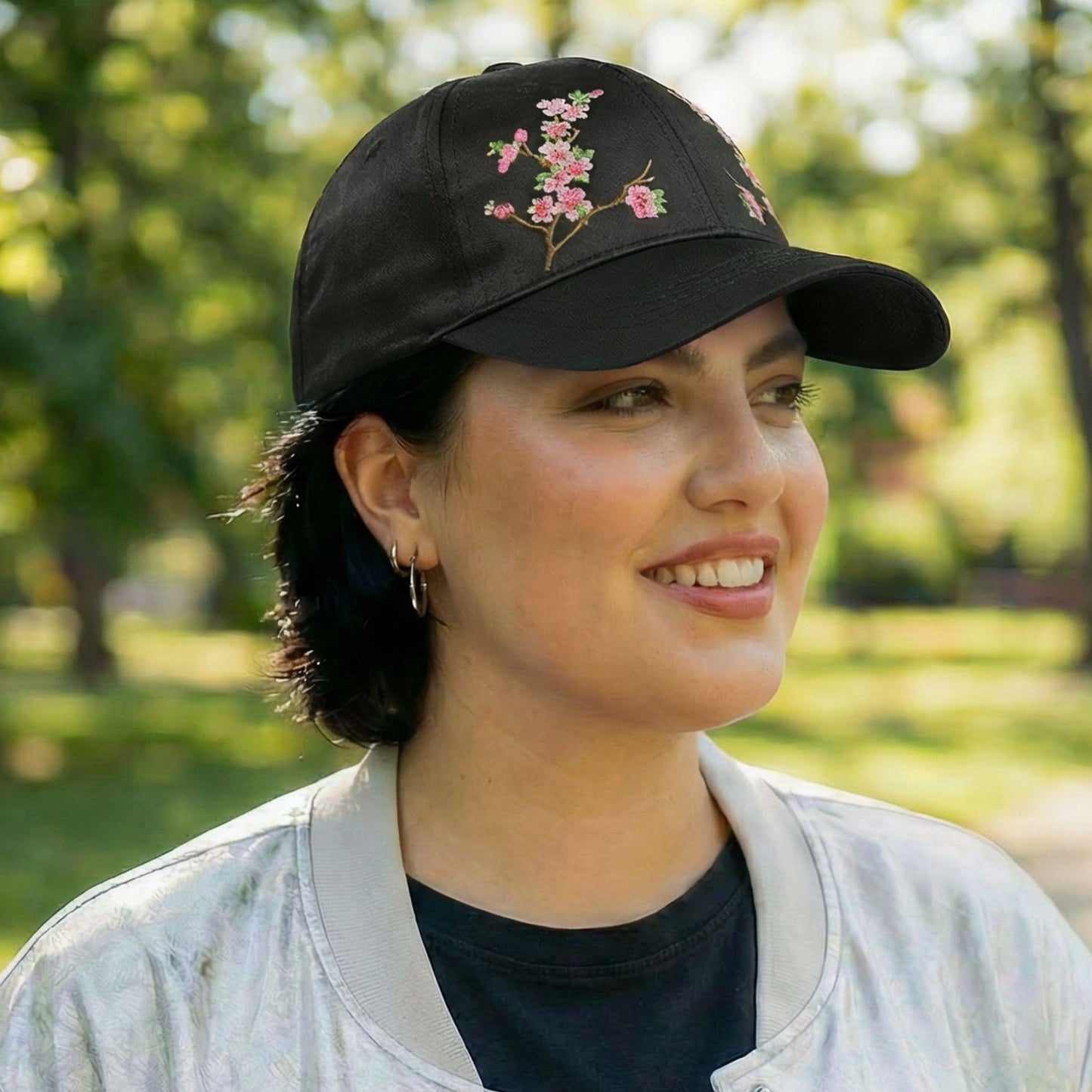 Chinese Blossom Embroidered Baseball Cap | Satin Polyester Adjustable Hat (Black, Grey, Red, White)