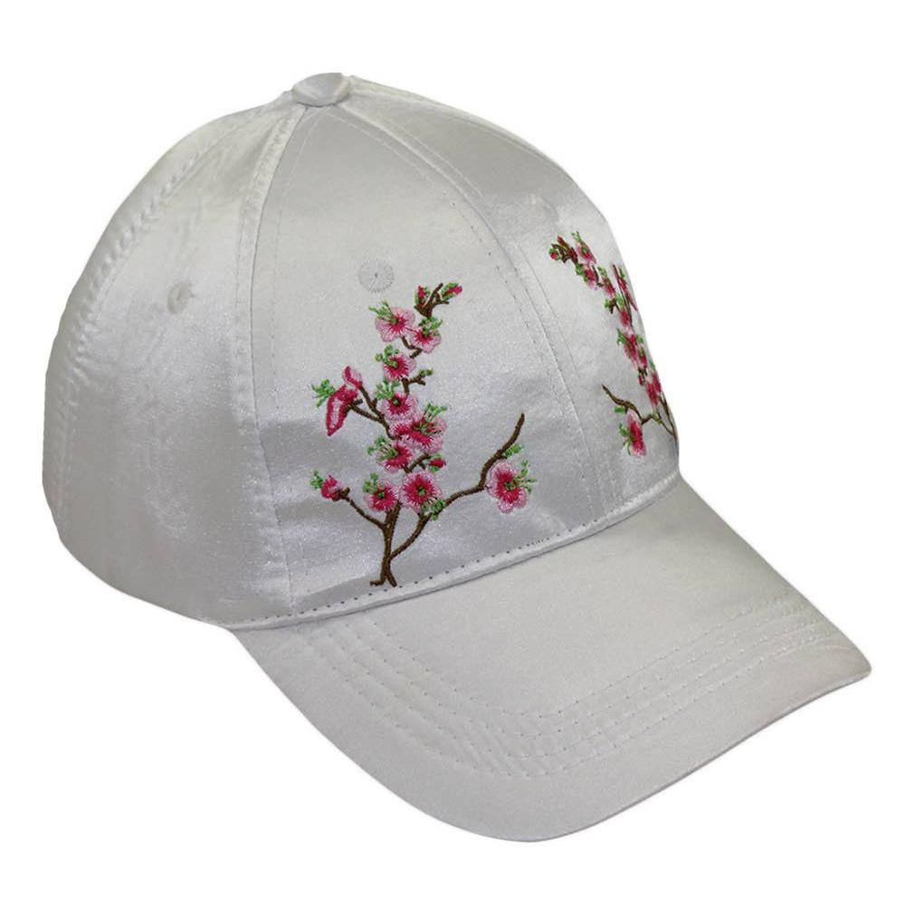 Chinese Blossom Embroidered Baseball Cap | Satin Polyester Adjustable Hat (Black, Grey, Red, White)