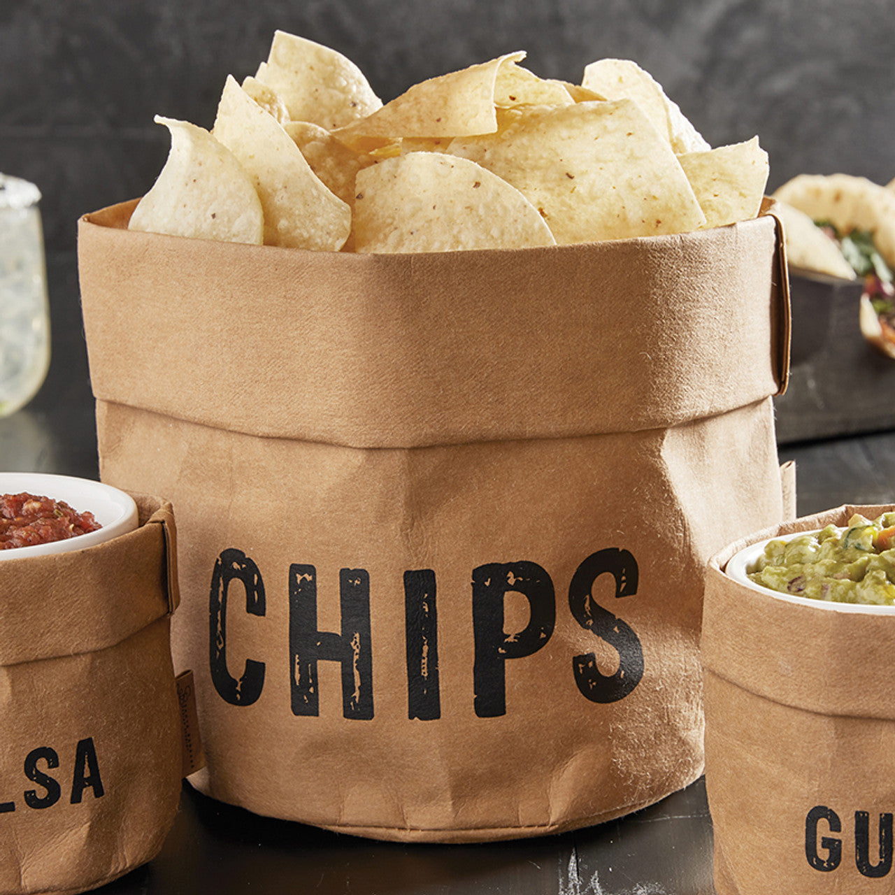 Chips Salsa & Guac 5 Piece Set | Washable Paper Holders and Ceramic Dip Cups Box Set