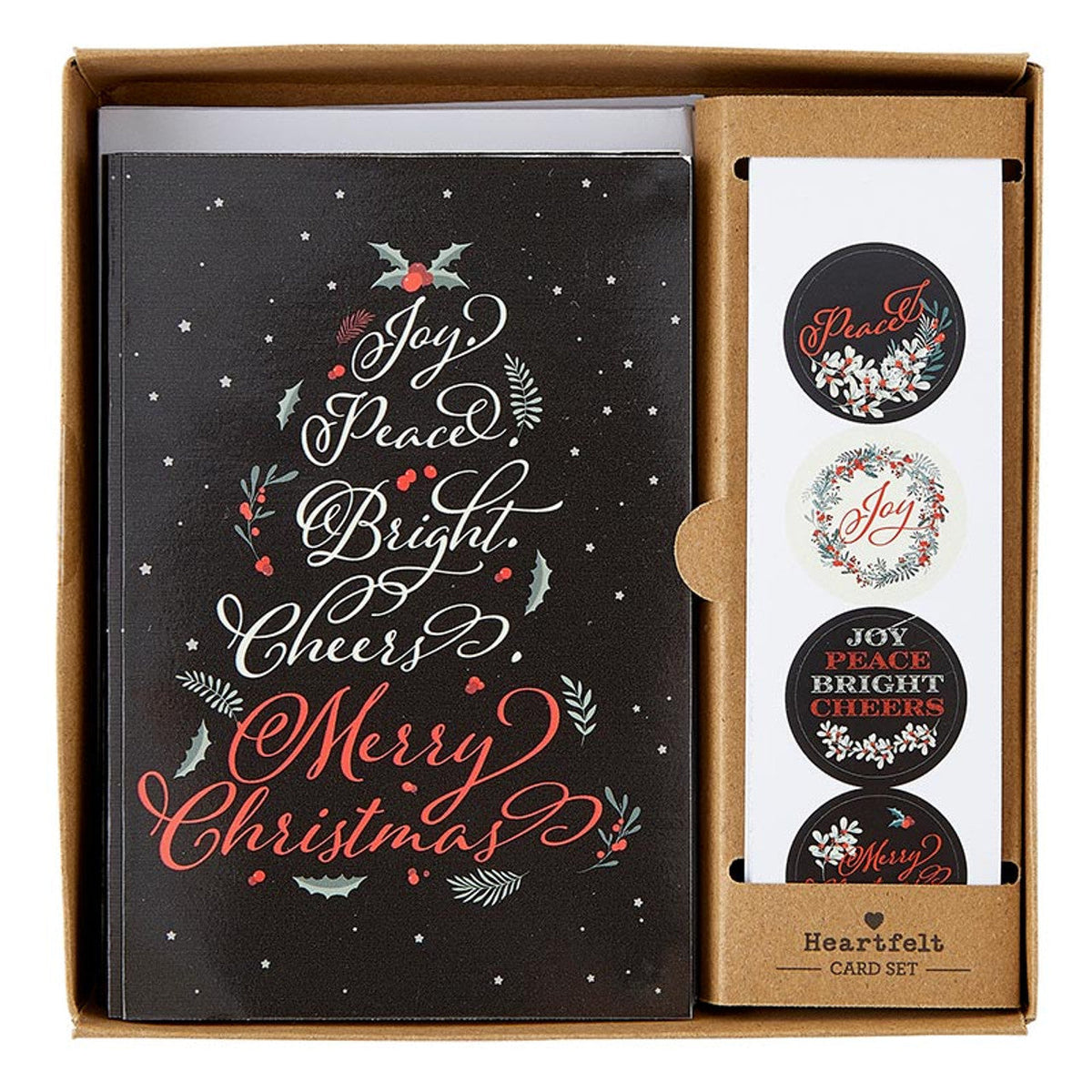 Christmas Card Set with Sticker Seals | Joy Peace Bright Cheers Merry Christmas Cards Set | Dark Floral Blank Inside Holiday Greeting Cards Set of 12