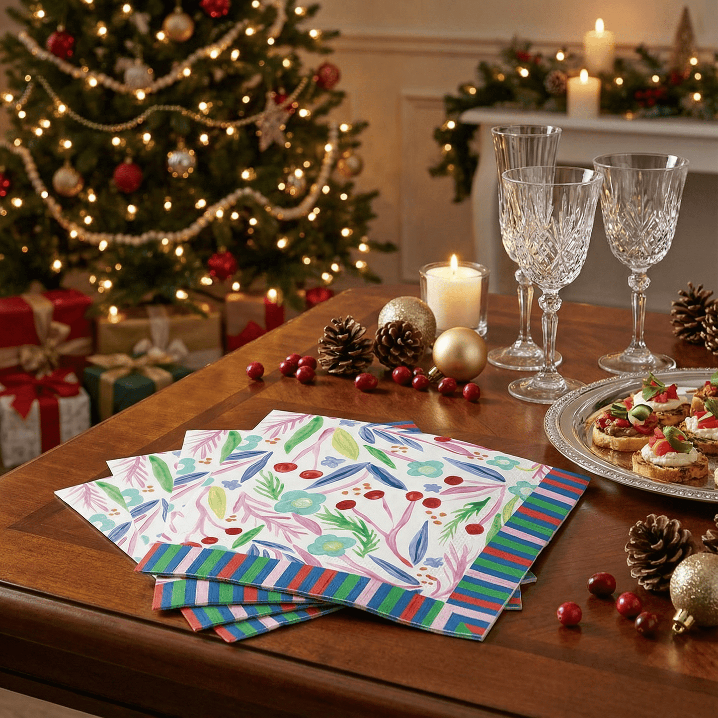 Christmas Foliage Fringe Beverage Napkins | Party Cocktail Paper Napkin | 5"