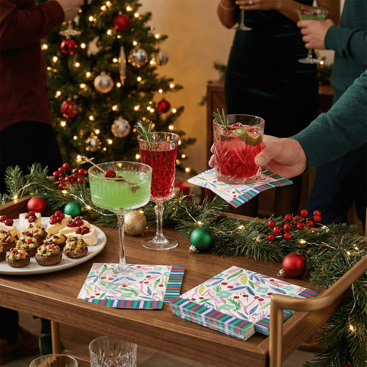 Christmas Foliage Fringe Beverage Napkins | Party Cocktail Paper Napkin | 5"