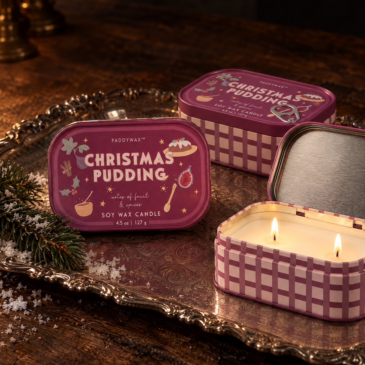 Christmas Pudding Bistro Tin Candle | 4.5 oz Two-Wick | Holiday Scent | Paddywax