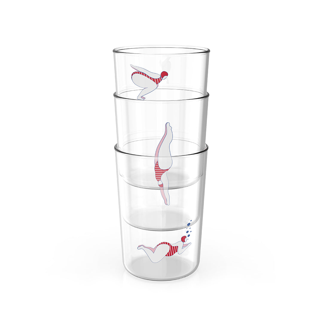 Chubby Diver Set of 3 Stackable Deep Dive Glasses | Lady Diver Illustration